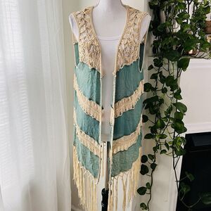Papaya Blue & Cream Lacy Fringe Boho Hippie Gypsy Long Open Cardigan - Medium